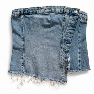ZARA Denim Corset Top Size L Distressed Y2K Strapless Jean Bustier Festival Crop